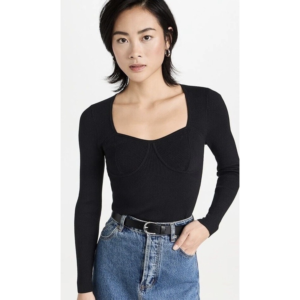 Madewell Ribbed Sweater Corset Top Large Black Knit Sweetheart Pullover